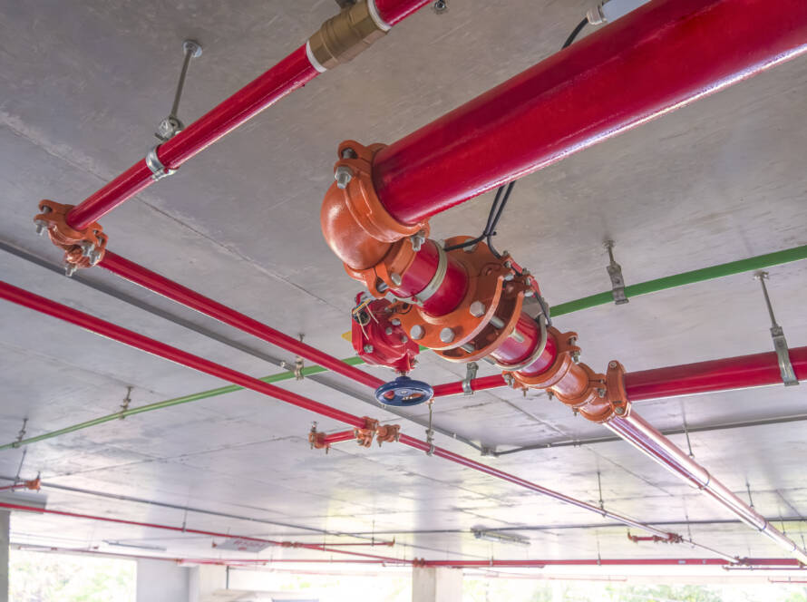 Red fire protective water pipeline system on concrete ceiling inside of parking garage building